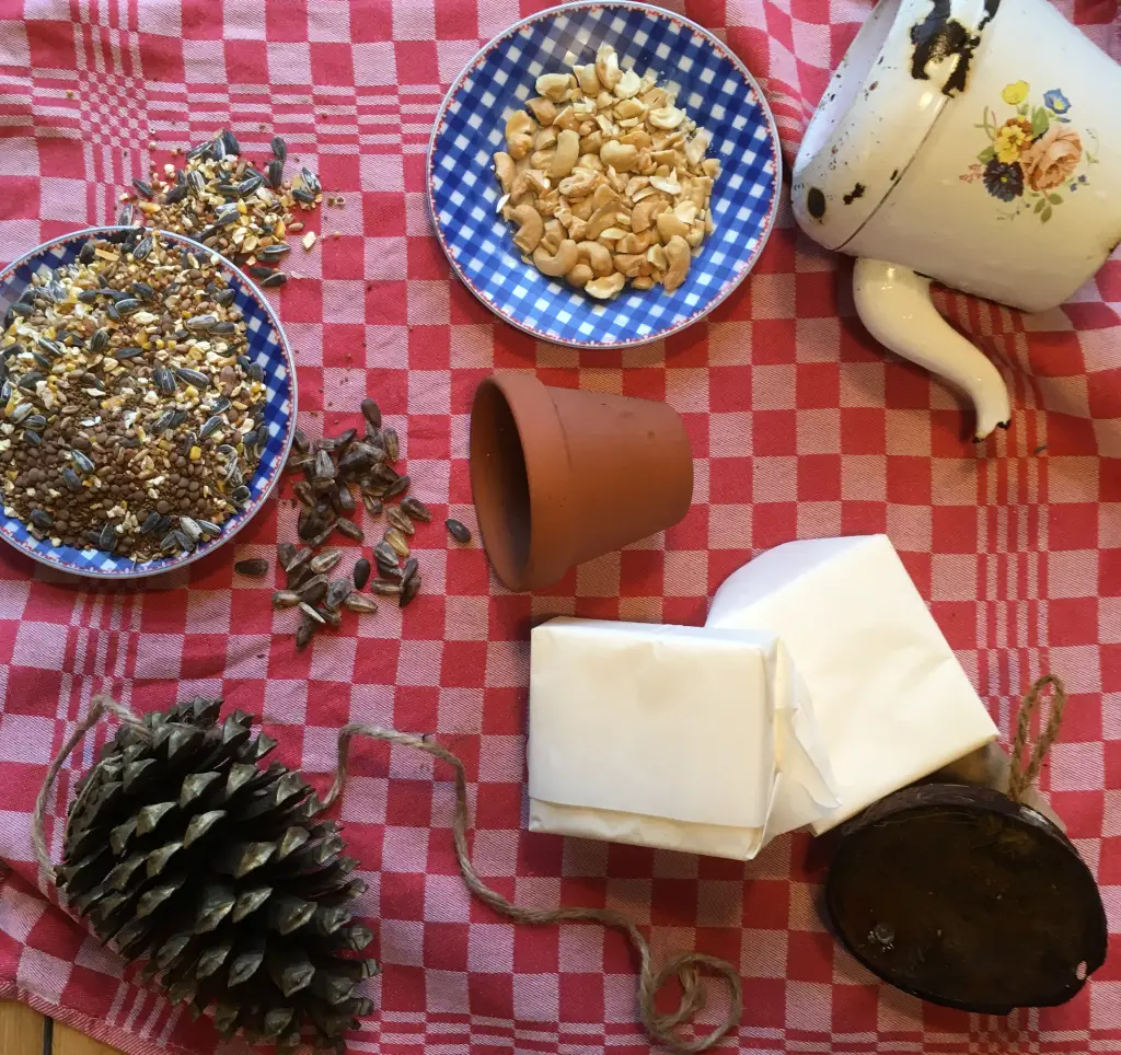 Vogelvoer maken met kinderen. Ingrediënten om vetbollen te maken.