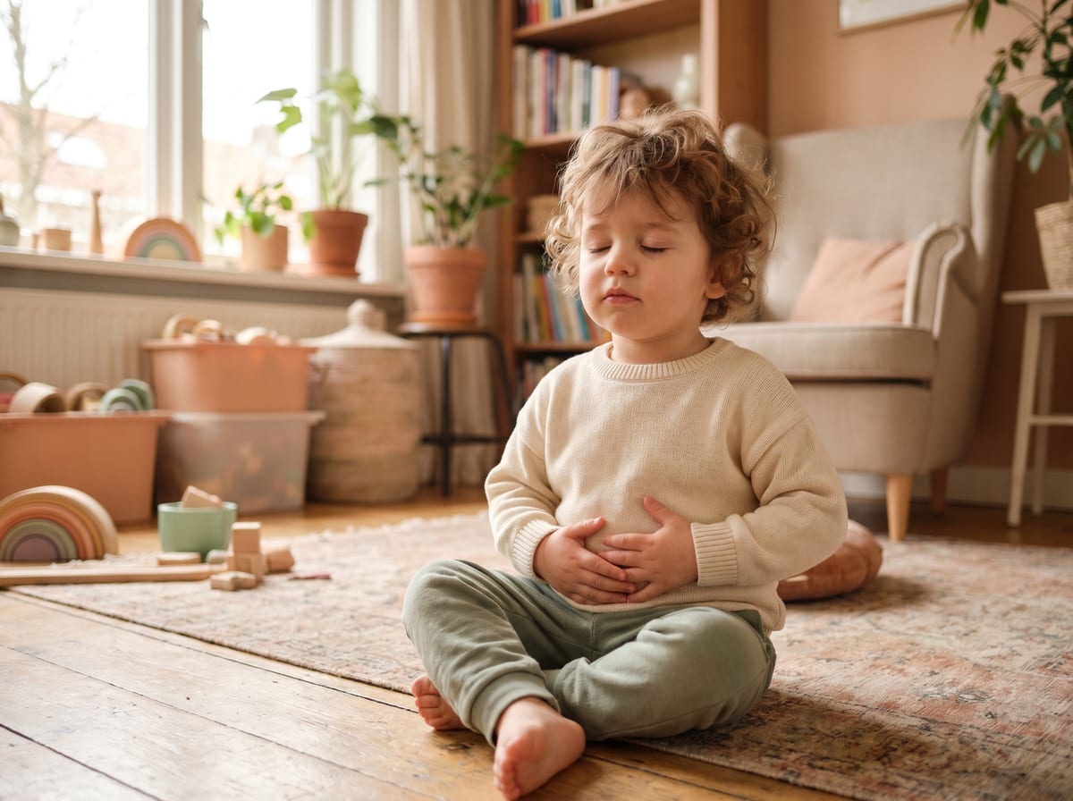 Kind doet rustig een mindfulness-ademhalingsoefening op de grond