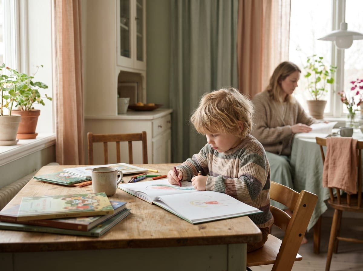 Kind leert thuis aan een houten tafel met boeken en kleurpotloden